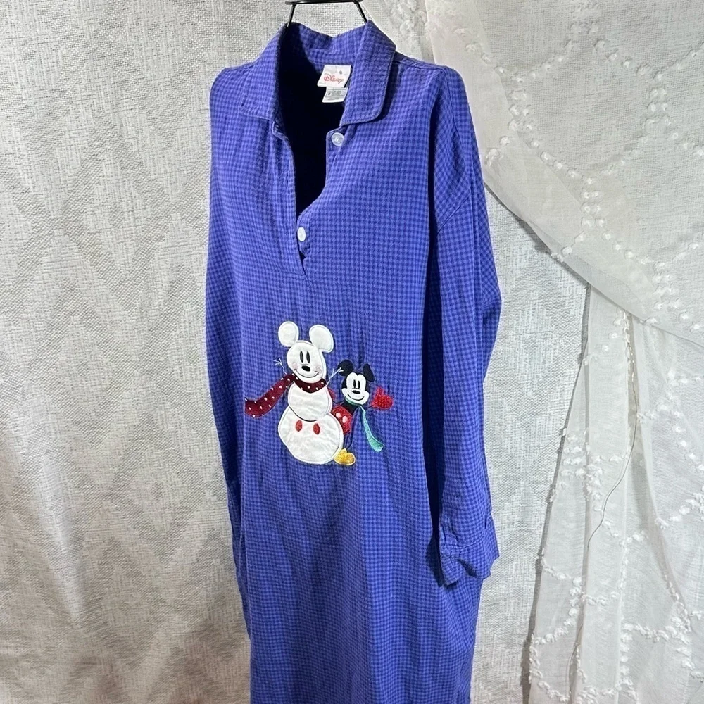 Vintage Disney Store mickey mouse and snowman blue plaid nightshirt size M - Picture 2 of 11